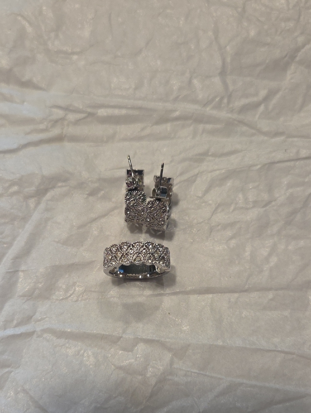 Silver Toned Rhinestone Ring and Earrings Set